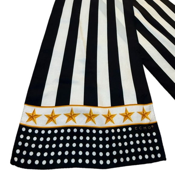 Echo Japan Silk Scarf 🇯🇵 – Black & White Stripes, Gold Stars & Polka Dots - Picture 4 of 11